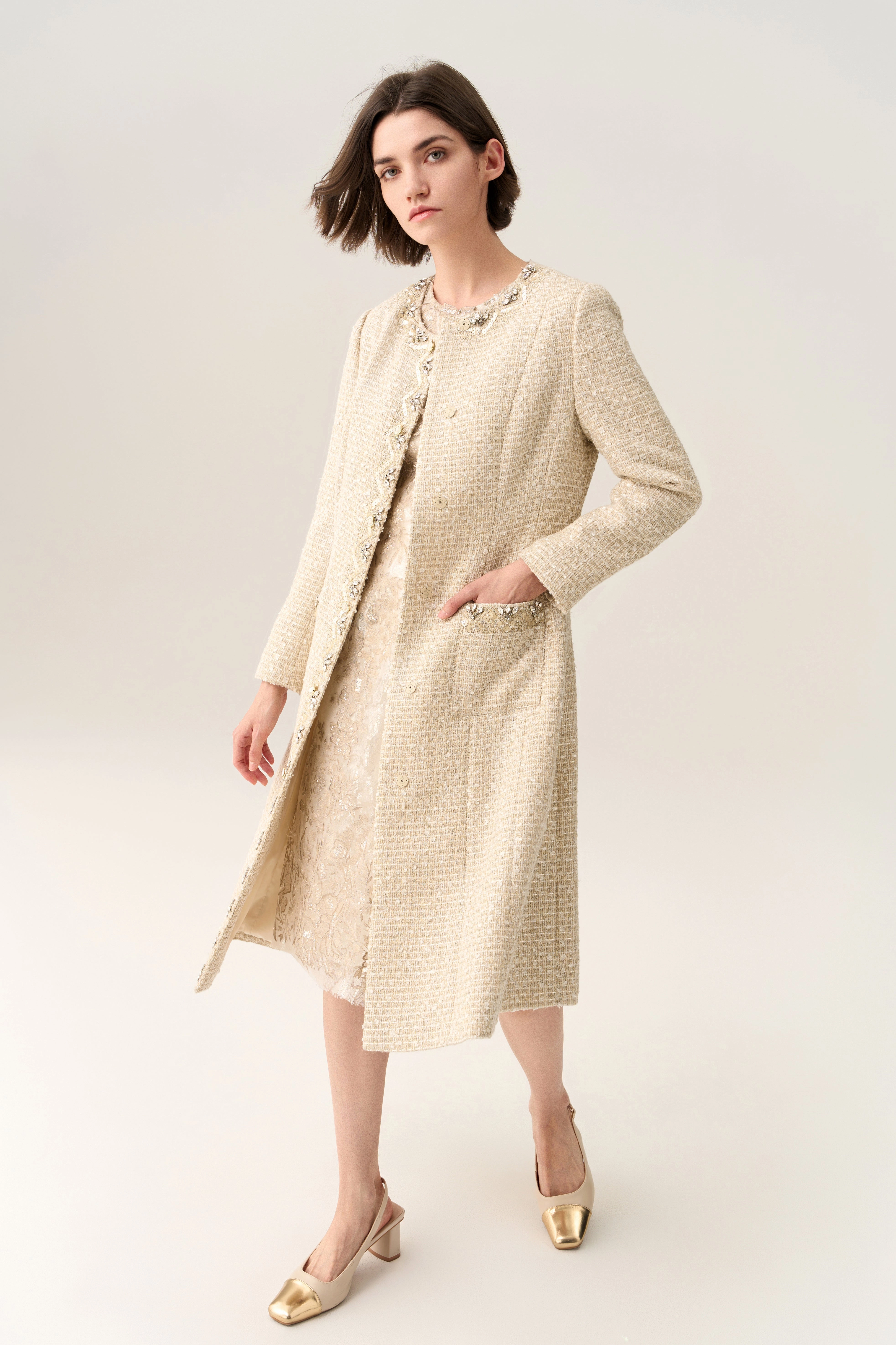 Embellish-trimmed Tie Belt Coat