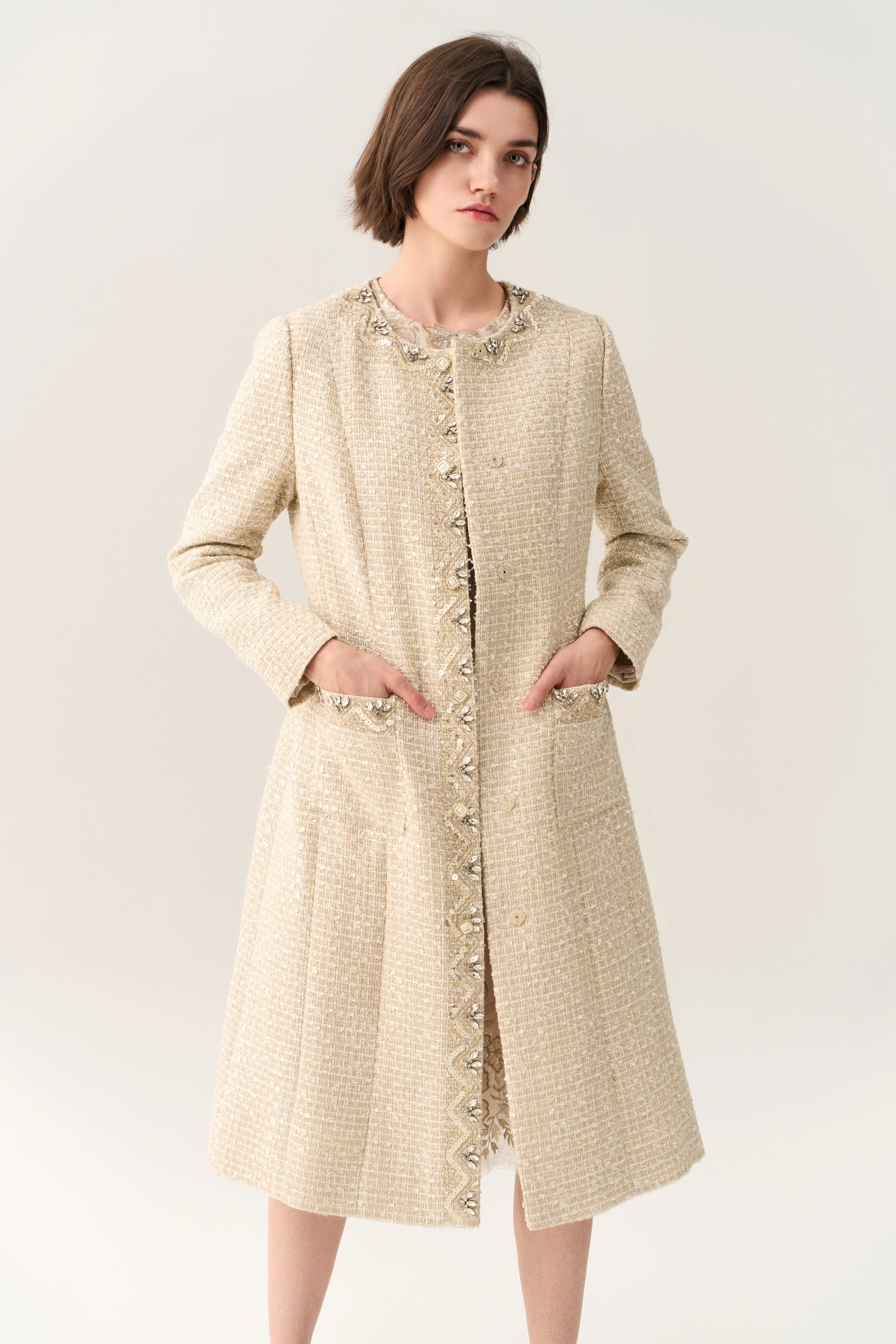 Embellish-trimmed Tie Belt Coat