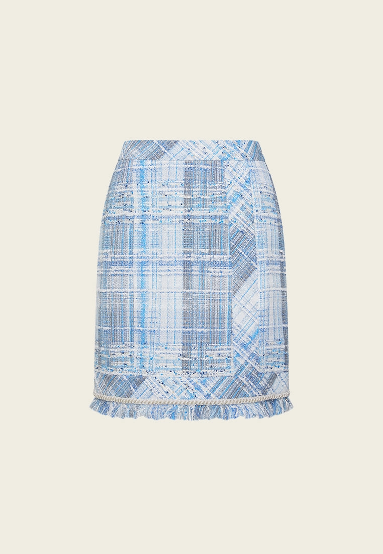 Embellished Frayed-hem Stripped Tweed Skirt