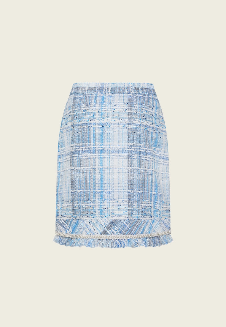 Embellished Frayed-hem Stripped Tweed Skirt