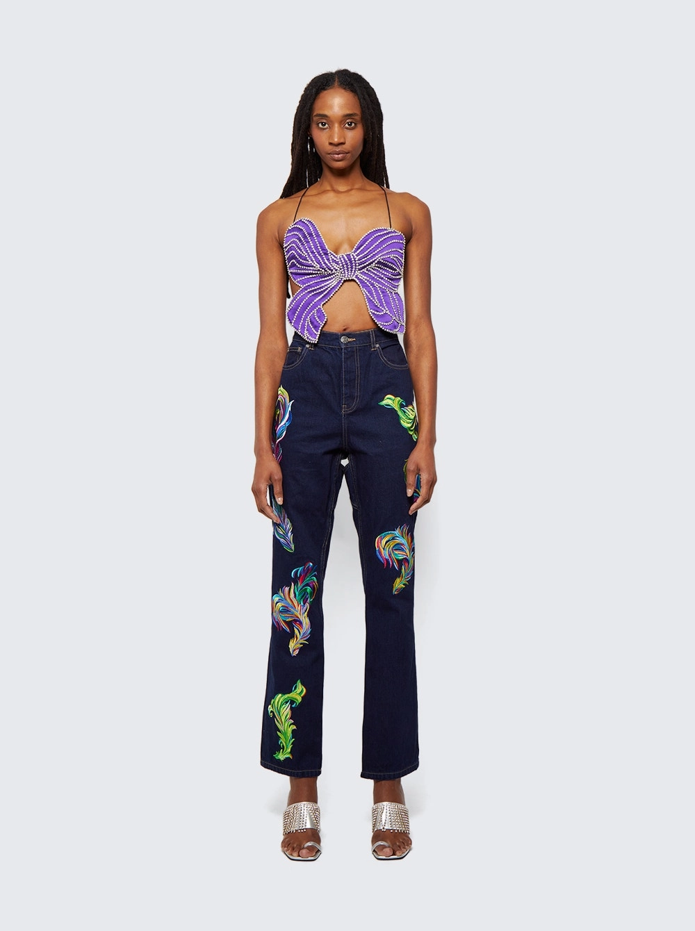 Embroidered Feather Jeans