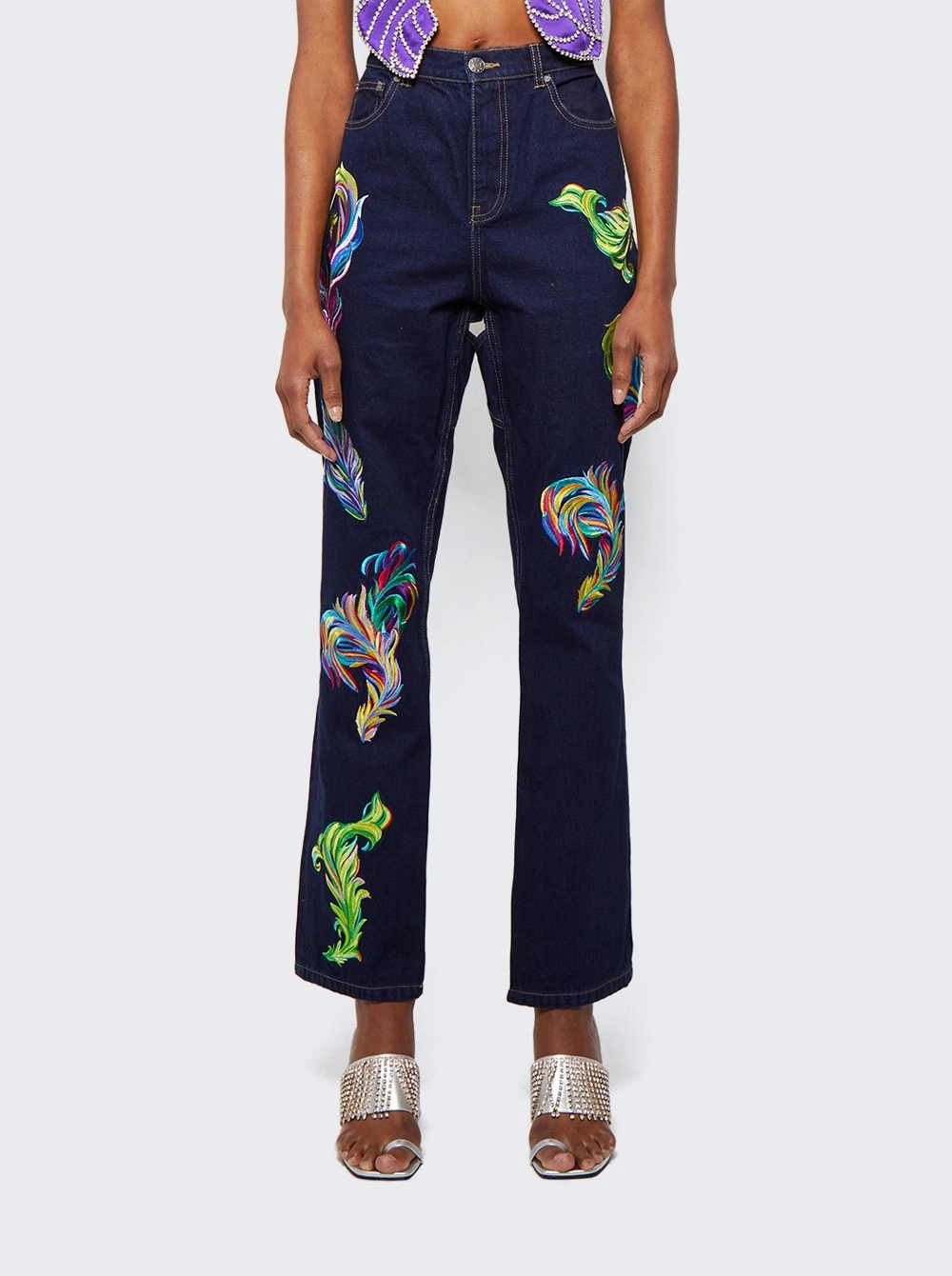 Embroidered Feather Jeans