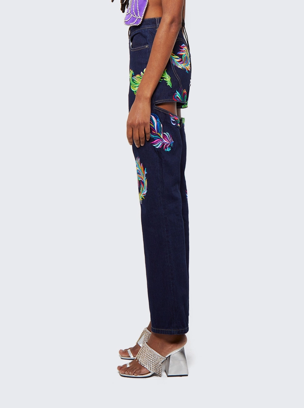 Embroidered Feather Jeans