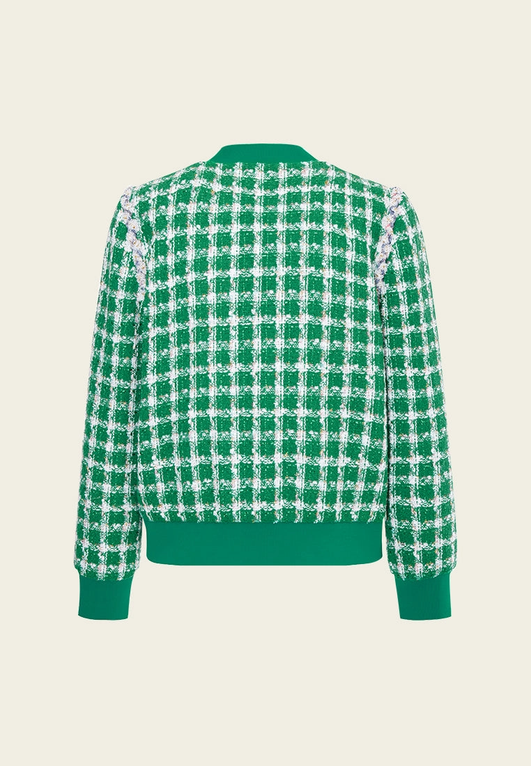 Emerald Green Check Tweed Bomber Jacket