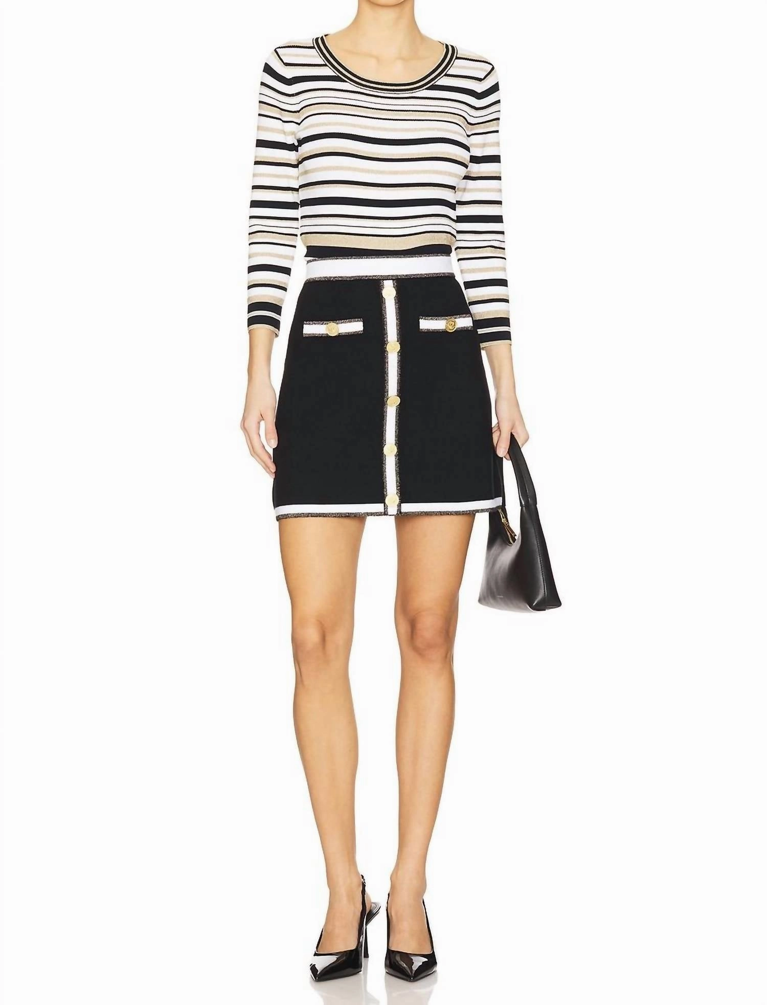 Emi Knit Mini Skirt In Color: Black, White, & Gold Lurex