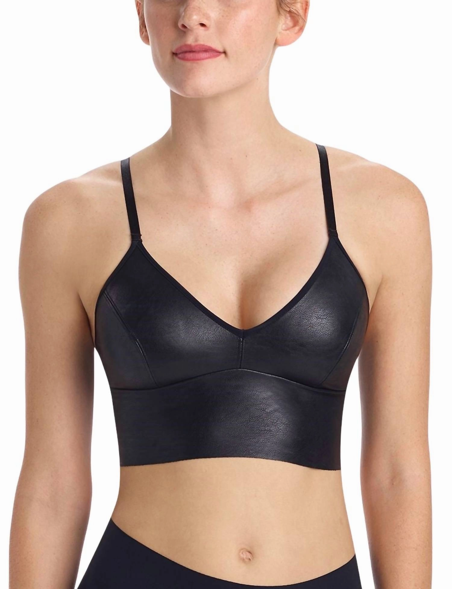 Faux Leather Long Line Bralette In Black