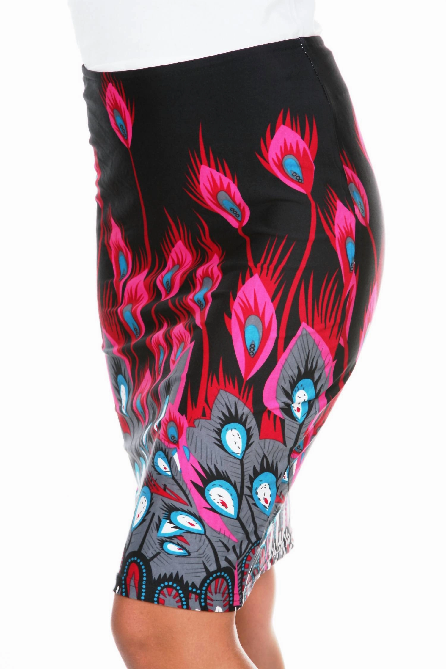 Feather Print Pencil Skirt In Fuchsia Peacock
