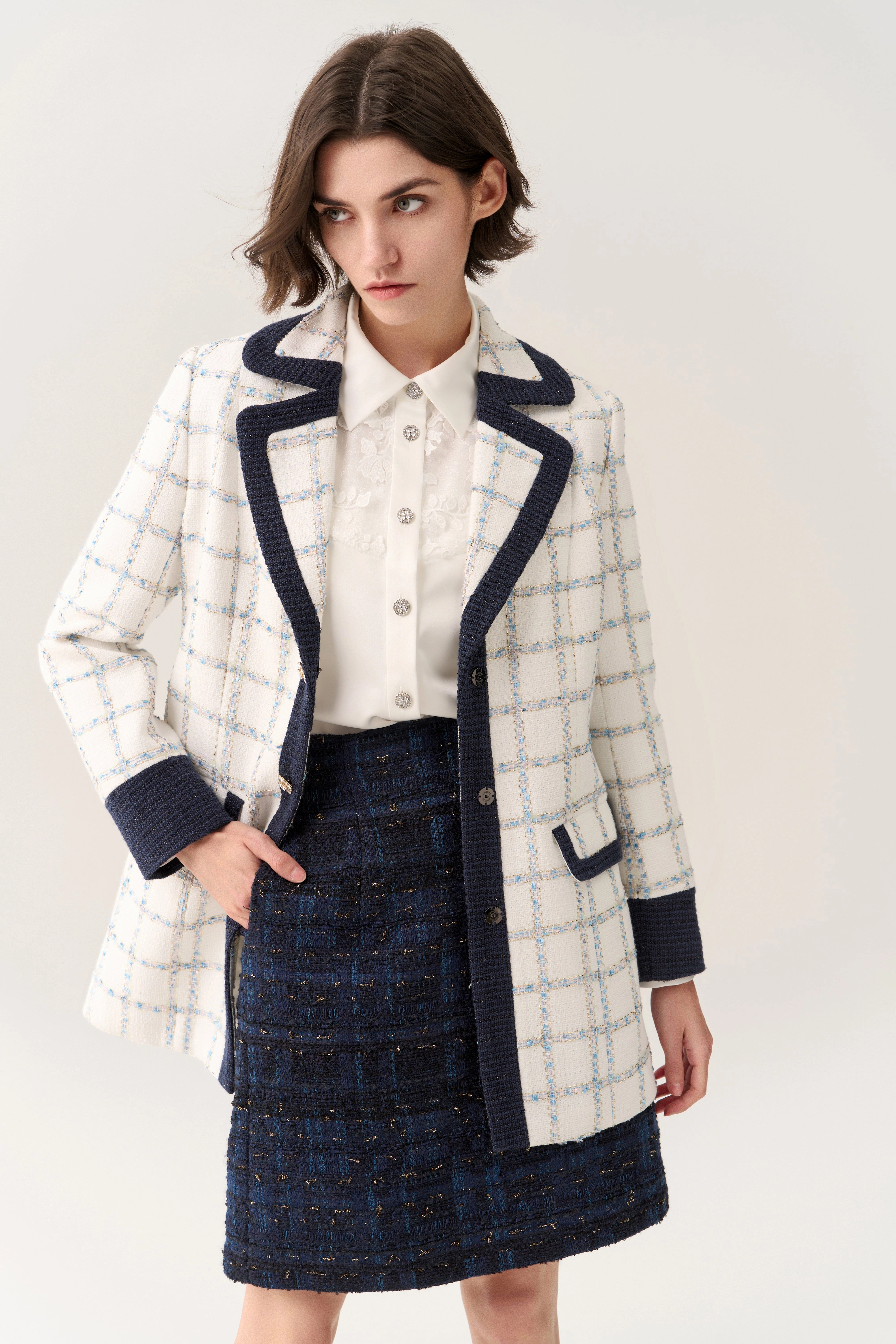Flap-pocket Check Midi Coat