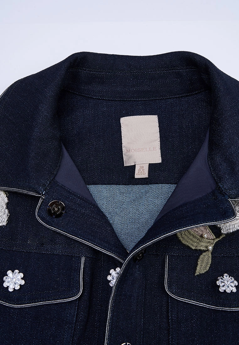 Floral Embellishment Exposed-seam Denim Jacket