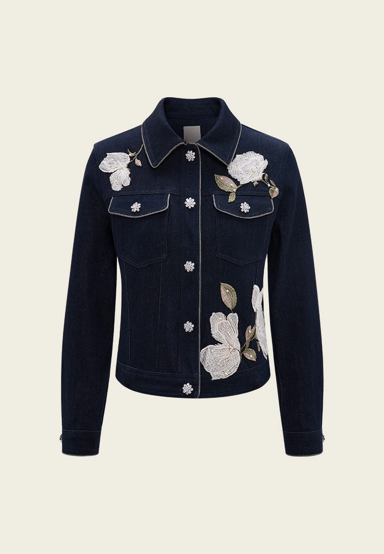 Floral Embellishment Exposed-seam Denim Jacket