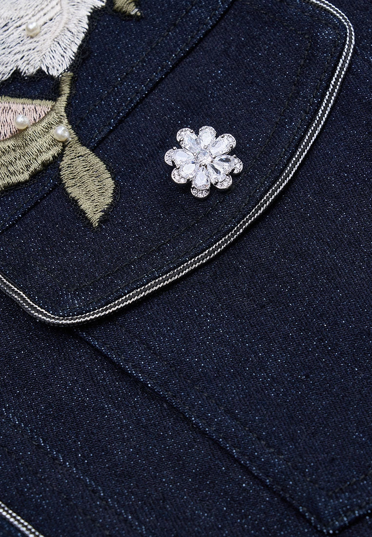 Floral Embellishment Exposed-seam Denim Jacket