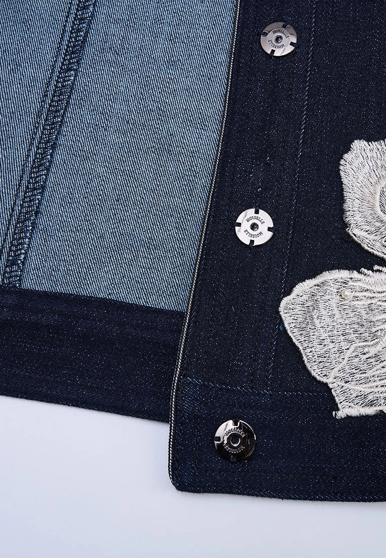 Floral Embellishment Exposed-seam Denim Jacket