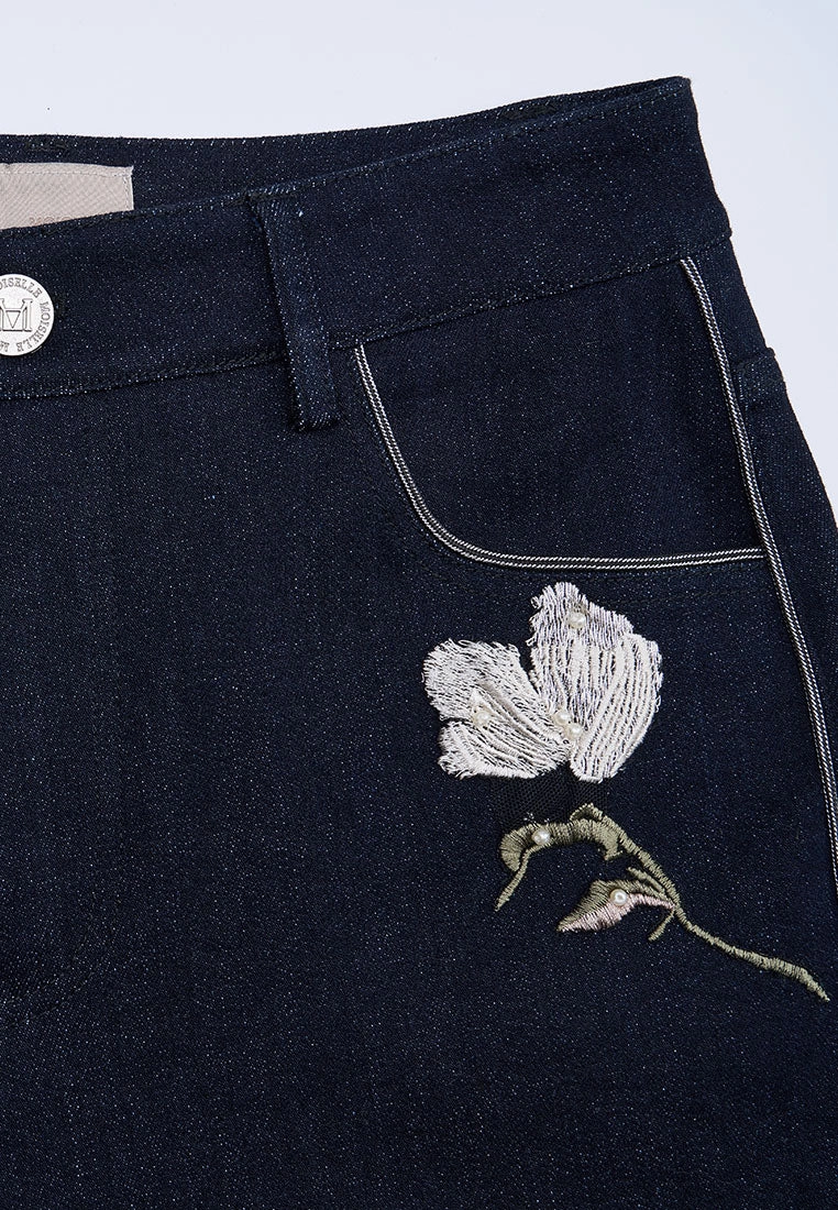 Floral-embroidery Exposed-seam Straight-leg Jeans