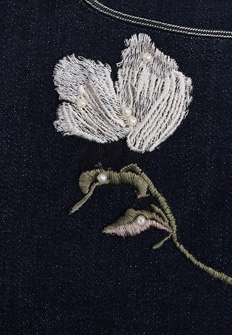Floral-embroidery Exposed-seam Straight-leg Jeans