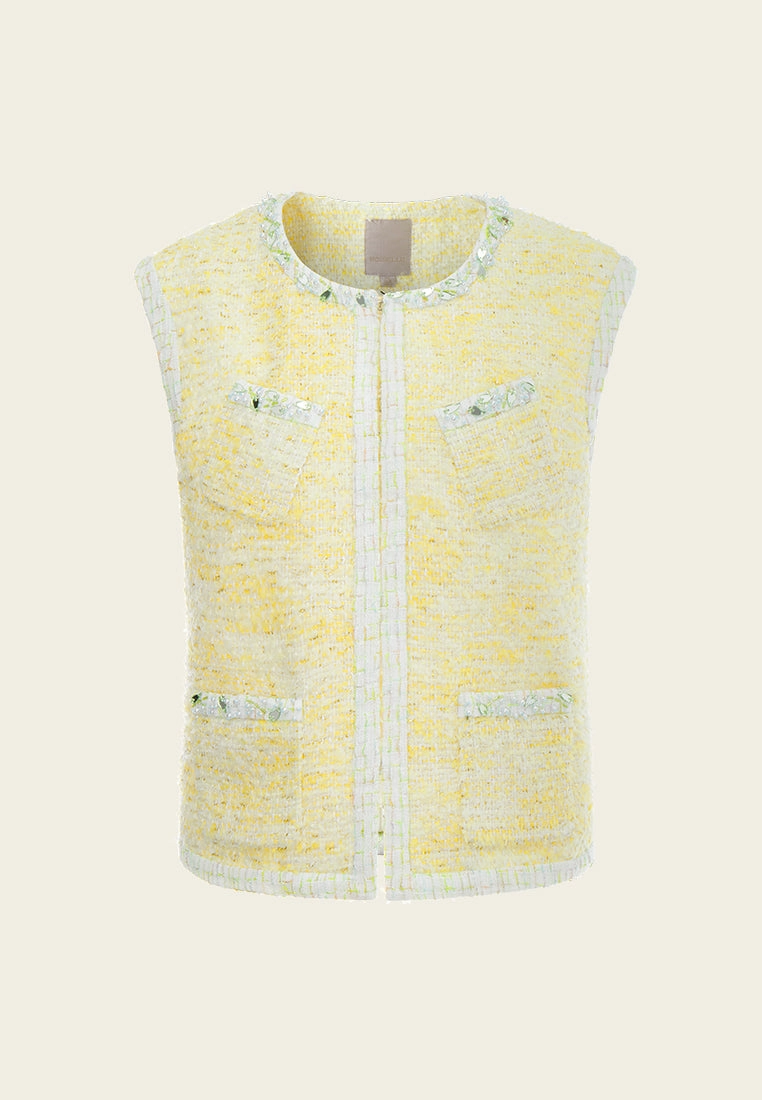 Flower-detail Embellished-trim Patch-pocket Waistcoat