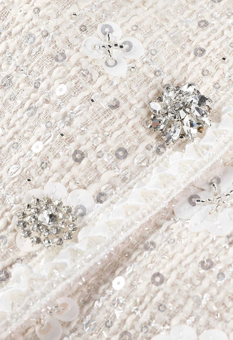 Flower-embroidered Mandarin collar tweed jacket