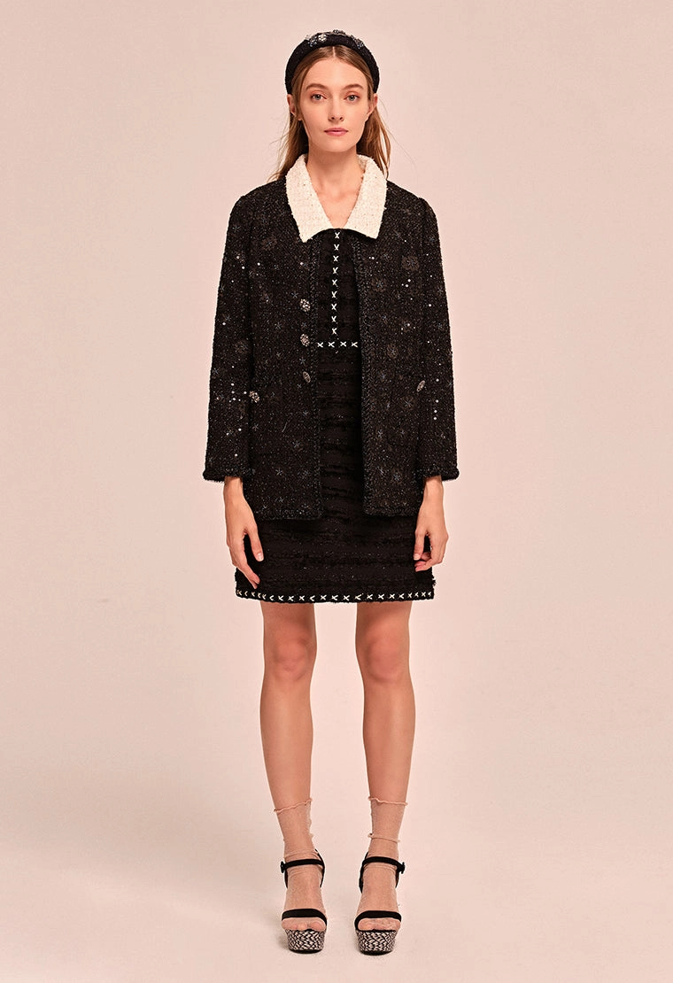 Flower-embroidered Mandarin collar tweed jacket