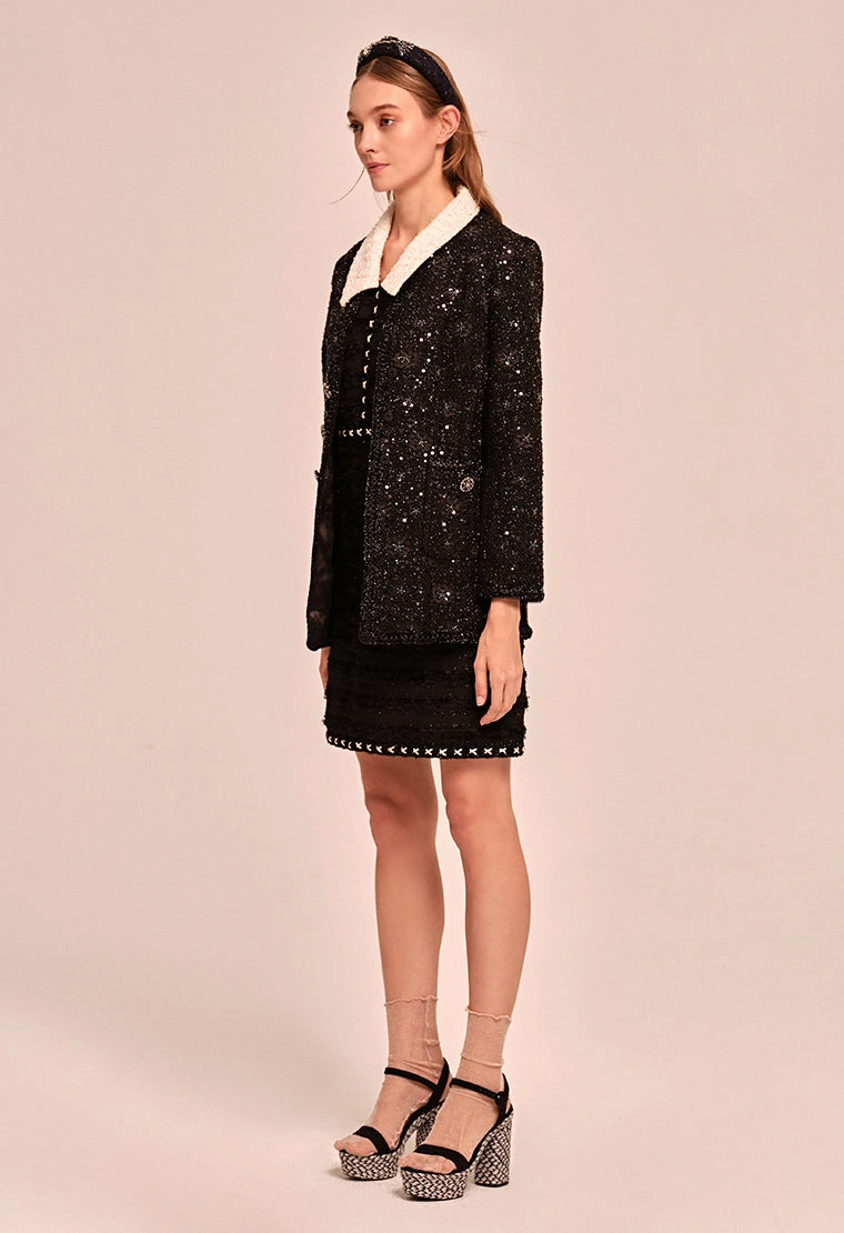 Flower-embroidered Mandarin collar tweed jacket
