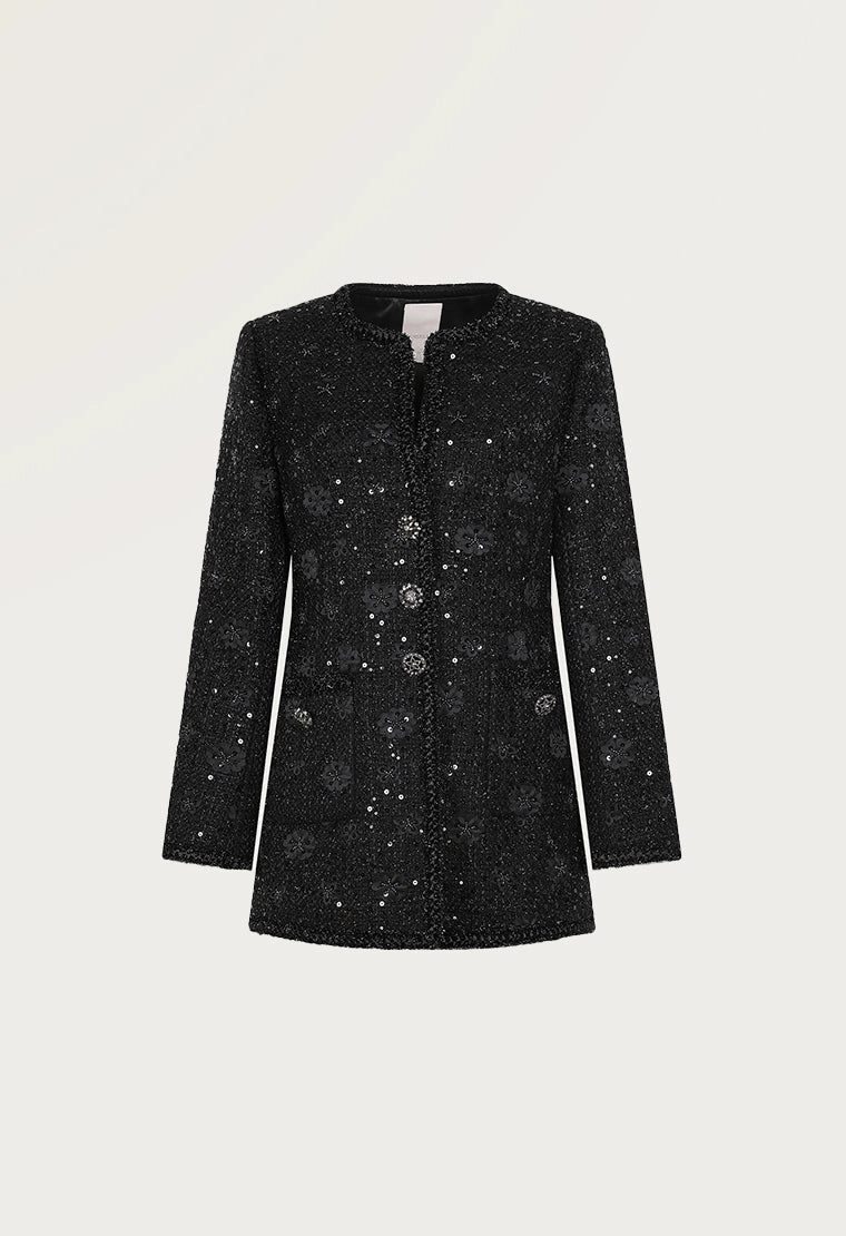 Flower-embroidered Mandarin collar tweed jacket