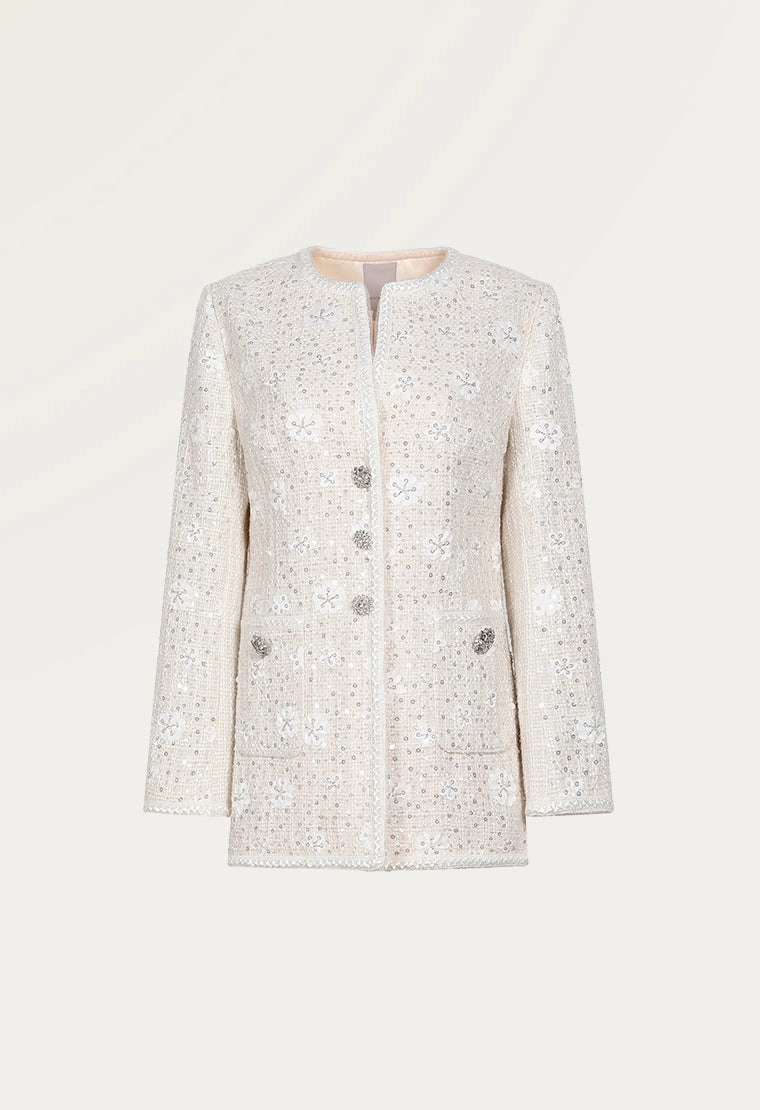 Flower-embroidered Mandarin collar tweed jacket