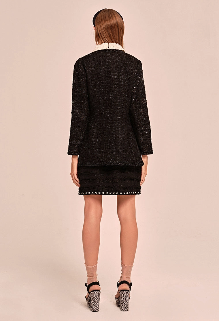 Flower-embroidered Mandarin collar tweed jacket