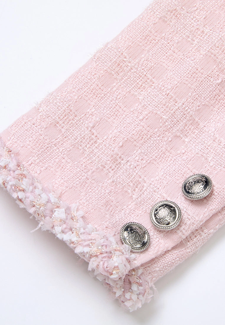 Frayed-trim Pleated-detail Checked Tweed Jacket