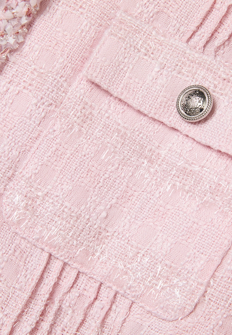 Frayed-trim Pleated-detail Checked Tweed Jacket