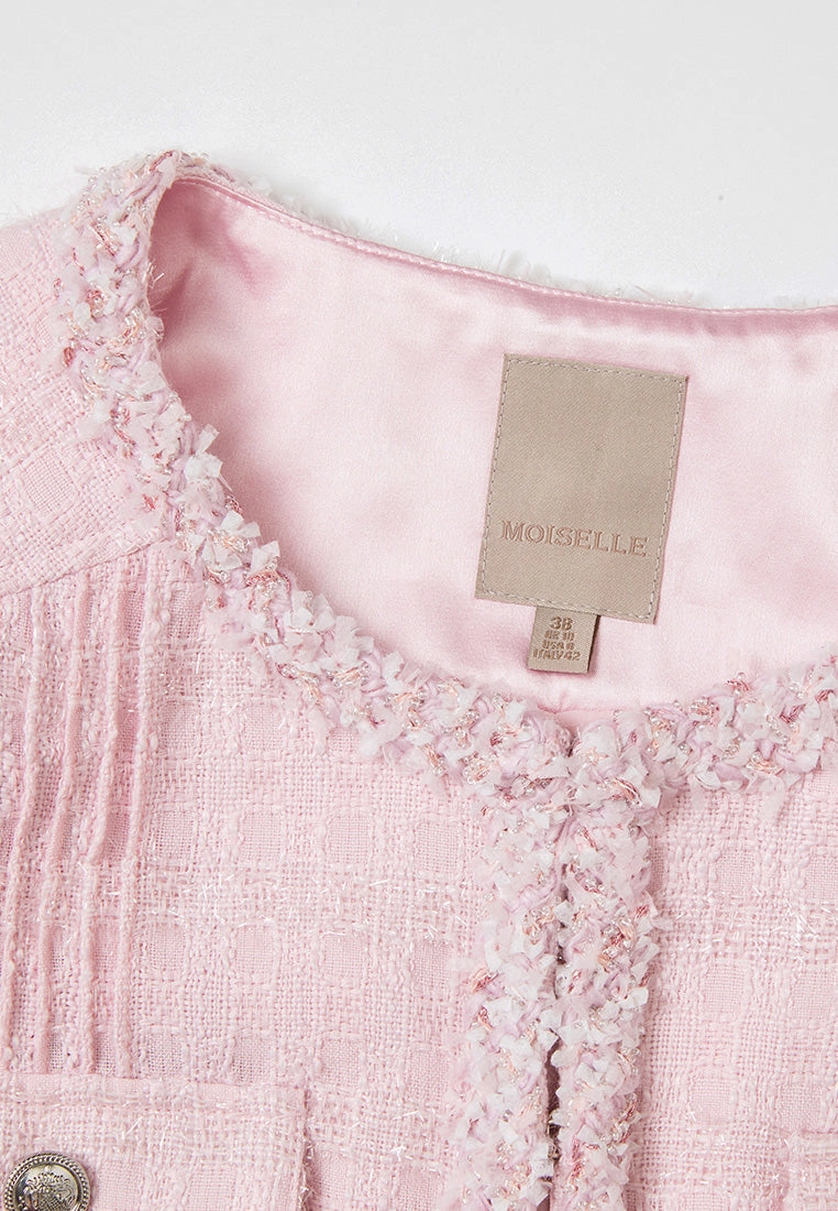 Frayed-trim Pleated-detail Checked Tweed Jacket