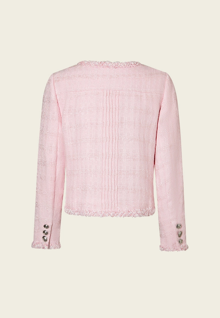 Frayed-trim Pleated-detail Checked Tweed Jacket
