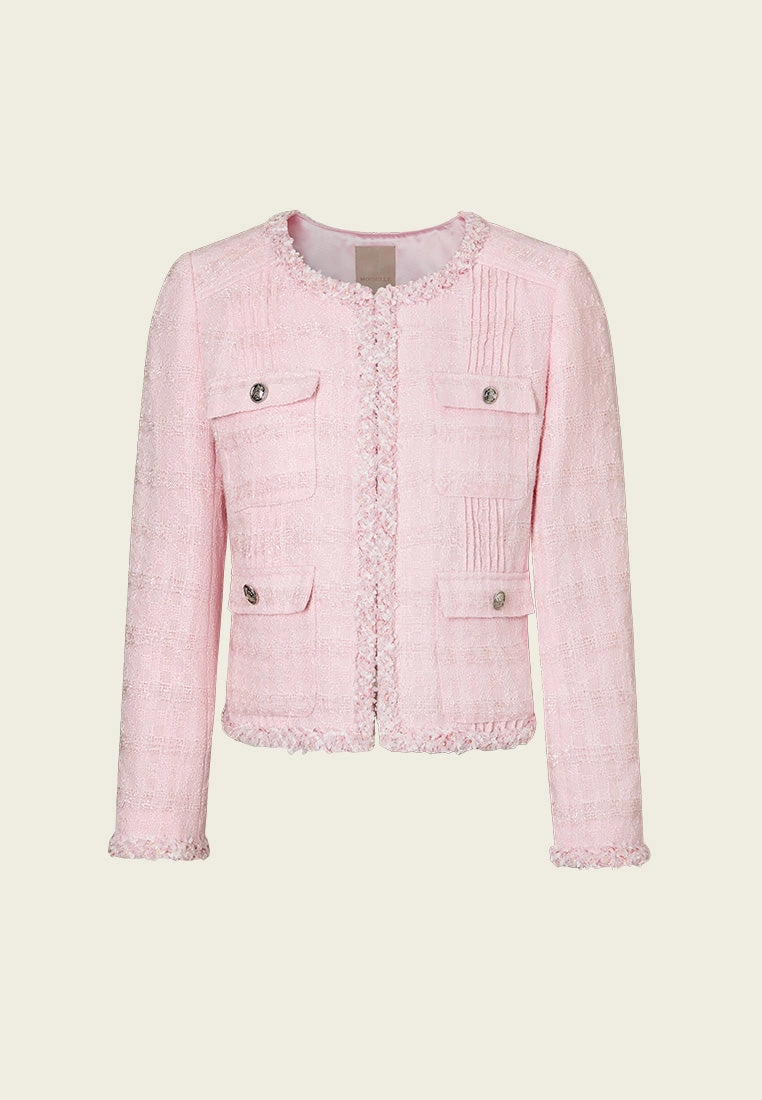 Frayed-trim Pleated-detail Checked Tweed Jacket