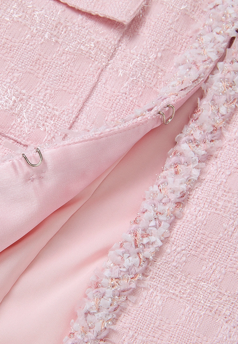 Frayed-trim Pleated-detail Checked Tweed Jacket