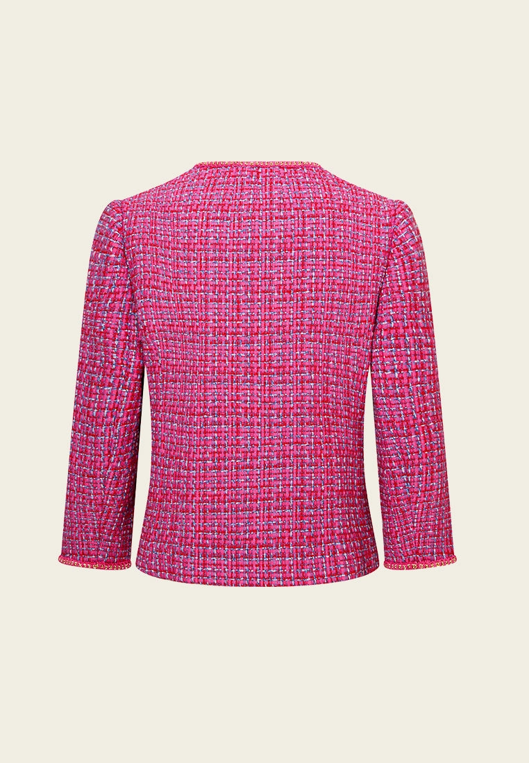 Fuchsia Embellished-trim Checked Mix-tweed Jacket
