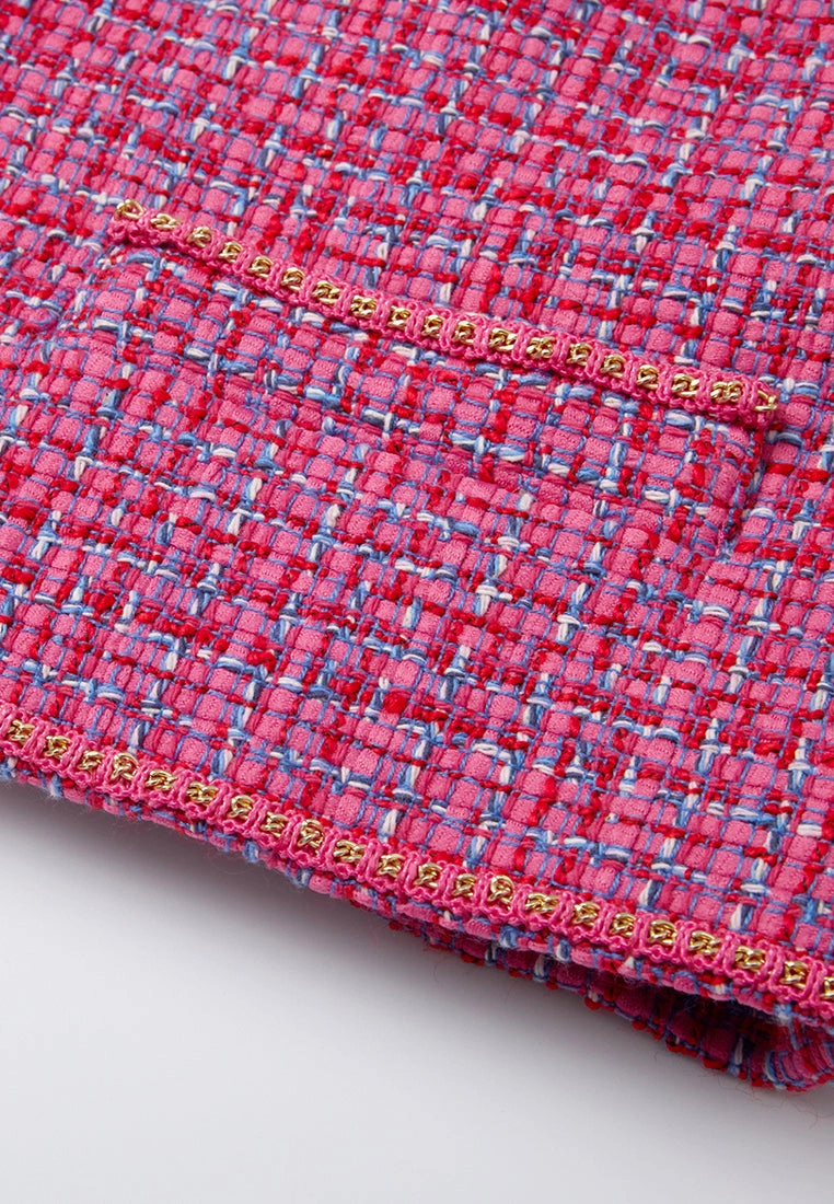 Fuchsia Embellished-trim Checked Mix-tweed Jacket