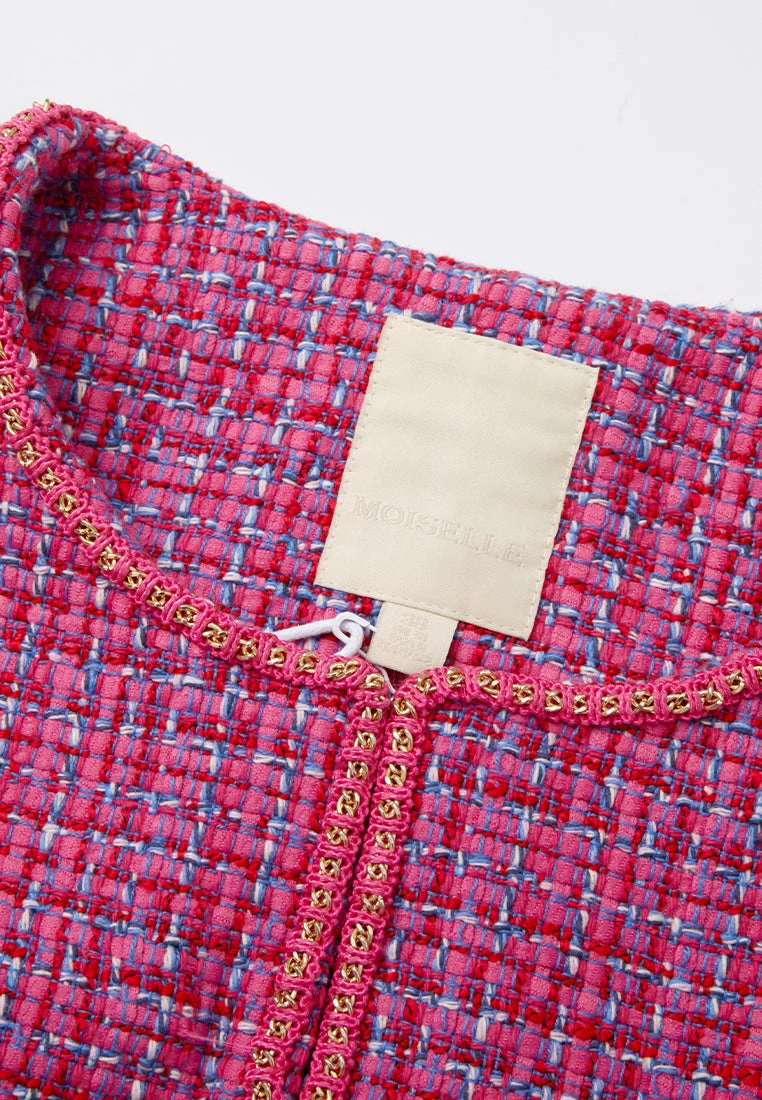 Fuchsia Embellished-trim Checked Mix-tweed Jacket
