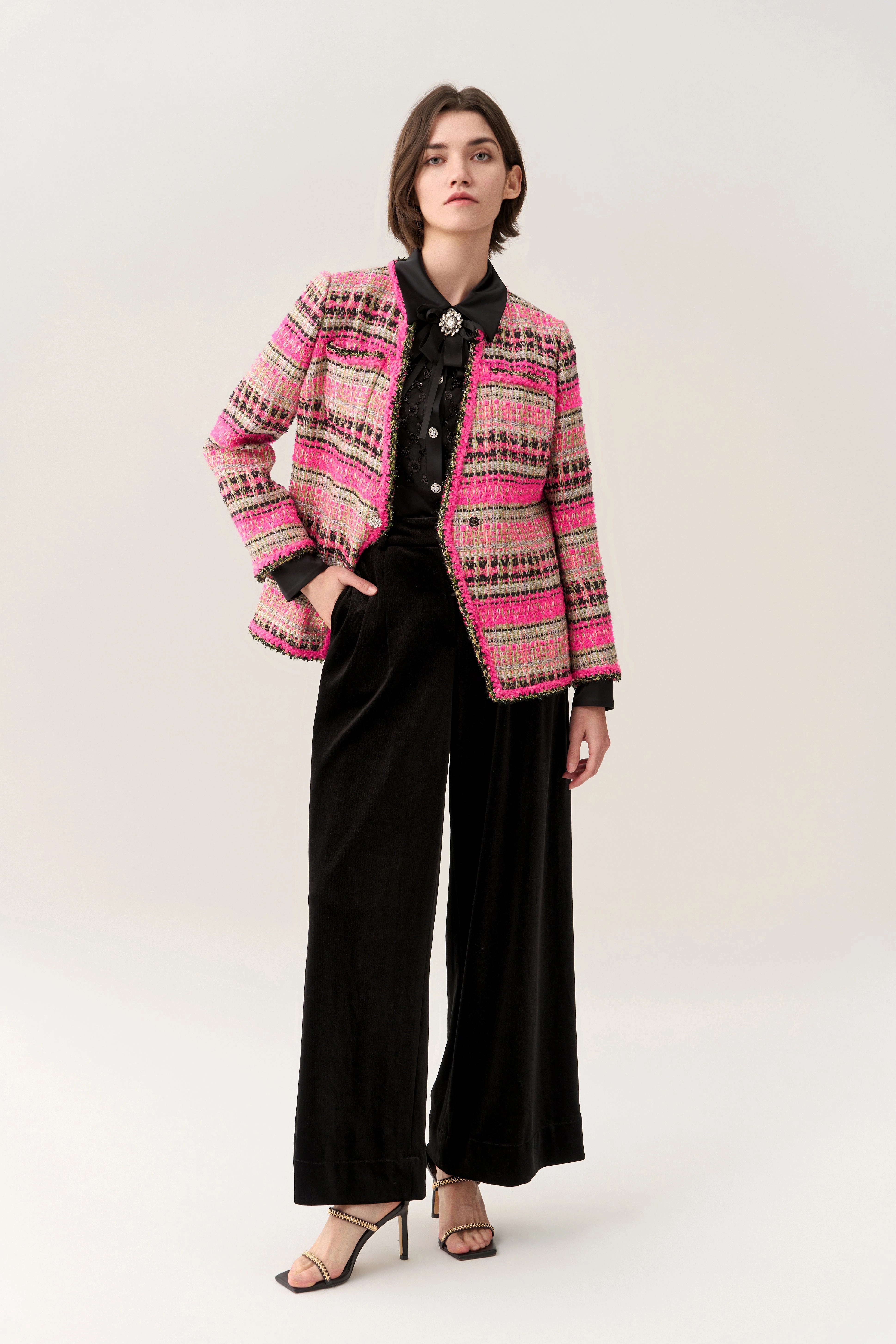 Fuchsia Shawl-lapel Striped Jacket