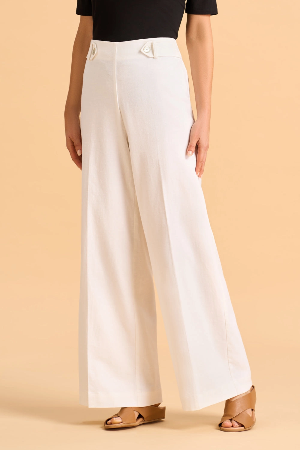 Full Length Waist Tab Linen Pant - White