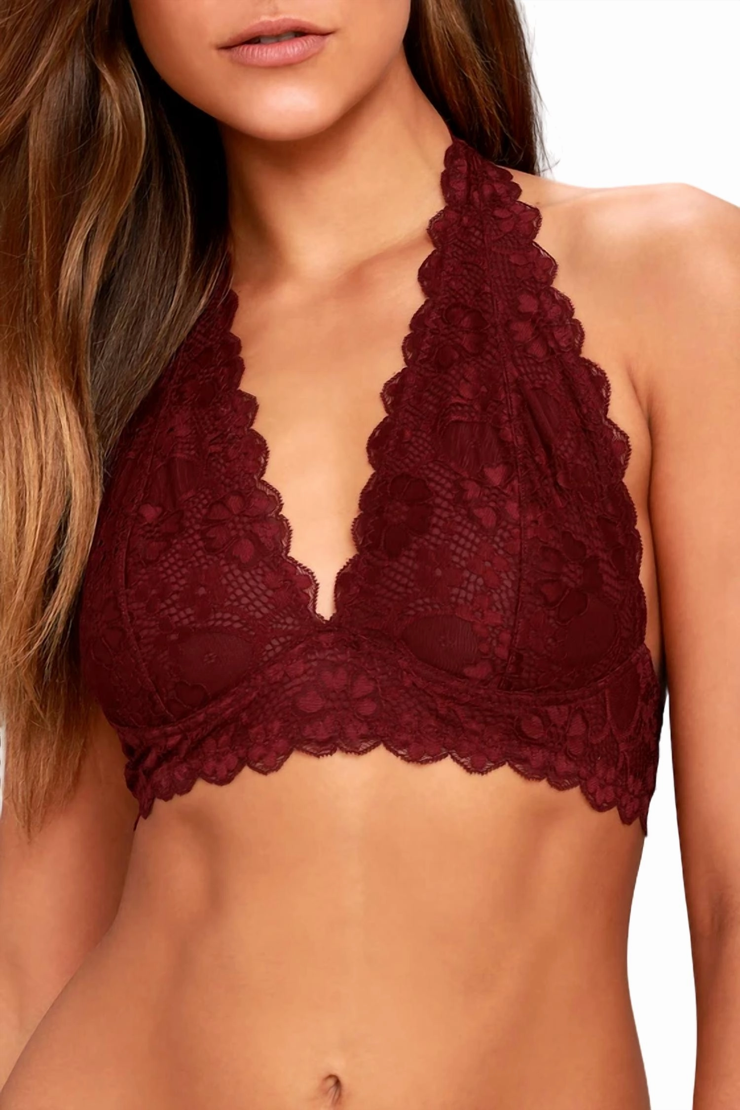 Galloon Lace Halter Bra In Wine