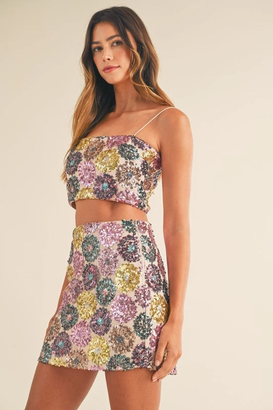 Get This Party Started Floral Sequin Mini Skirt