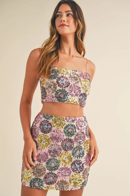 Get This Party Started Floral Sequin Mini Skirt