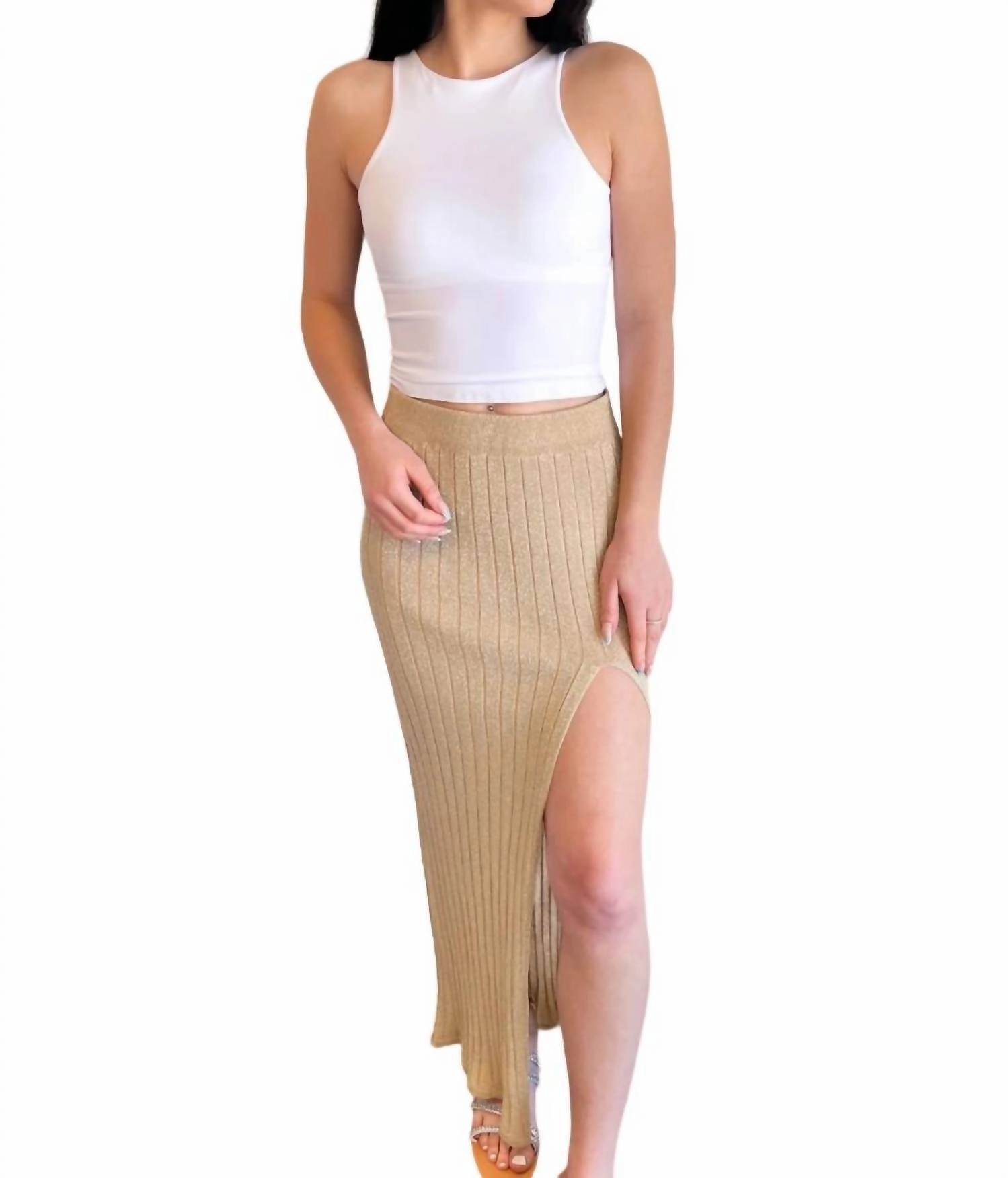Gleam Ribbed Maxi Skirt In Gold