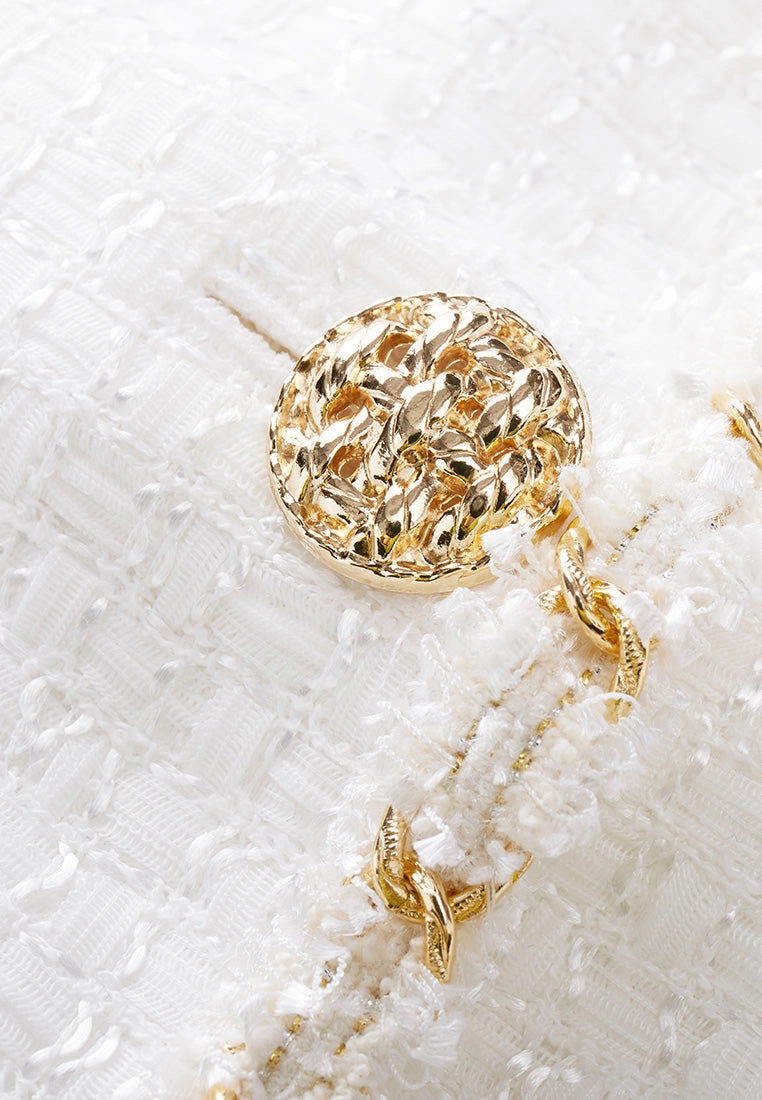 Gold-trimmed White Tweed Lapel Blazer