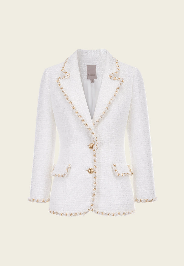 Gold-trimmed White Tweed Lapel Blazer