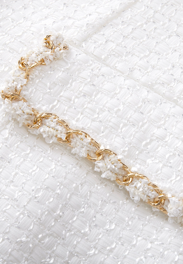 Gold-trimmed White Tweed Lapel Blazer