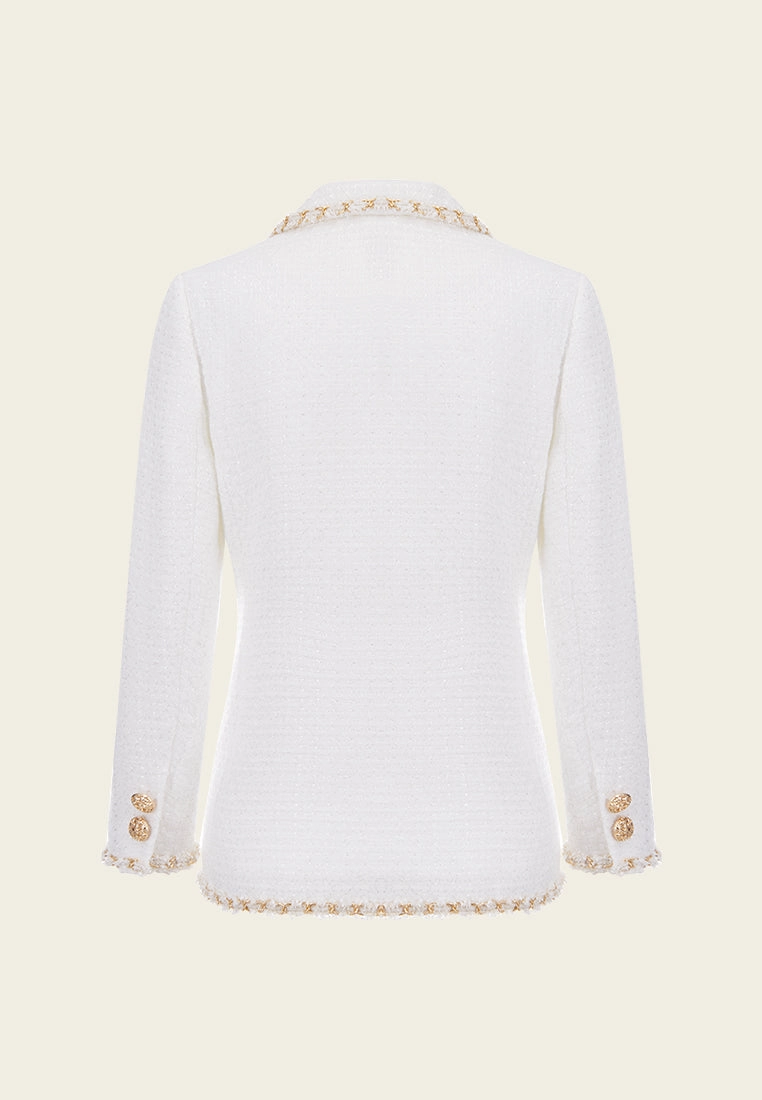 Gold-trimmed White Tweed Lapel Blazer