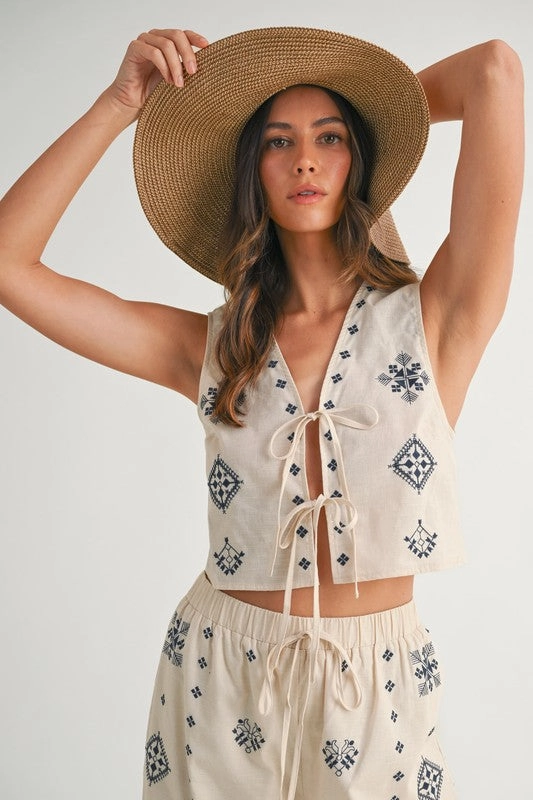 Harborside Linen Embroidered Vest Tie Top