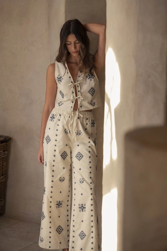 Harborside Linen Embroidered Vest Tie Top