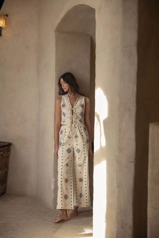 Harborside Linen Embroidered Vest Tie Top