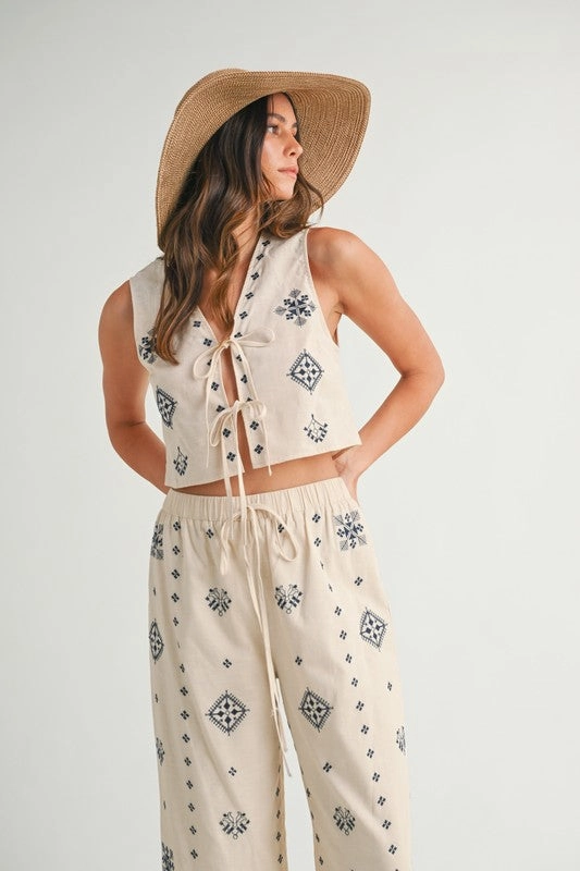 Harborside Linen Embroidered Vest Tie Top