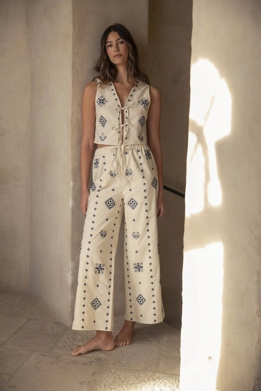 Harborside Linen Embroidered Vest Tie Top