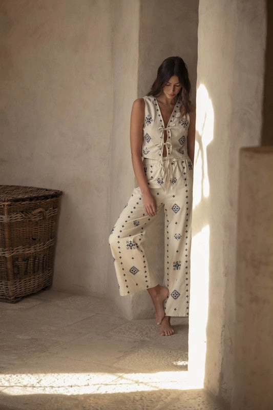 Harborside Linen Embroidered Vest Tie Top